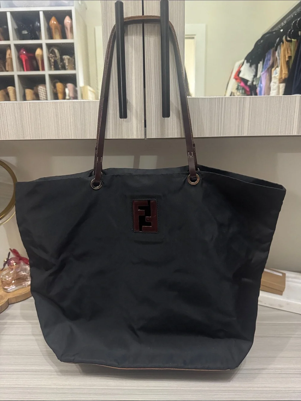 Fendi Black Tote with Brown Leather Handles